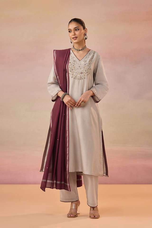 Grey Pure Silk Cotton Embroidered Kurta Set thumbnail image number null