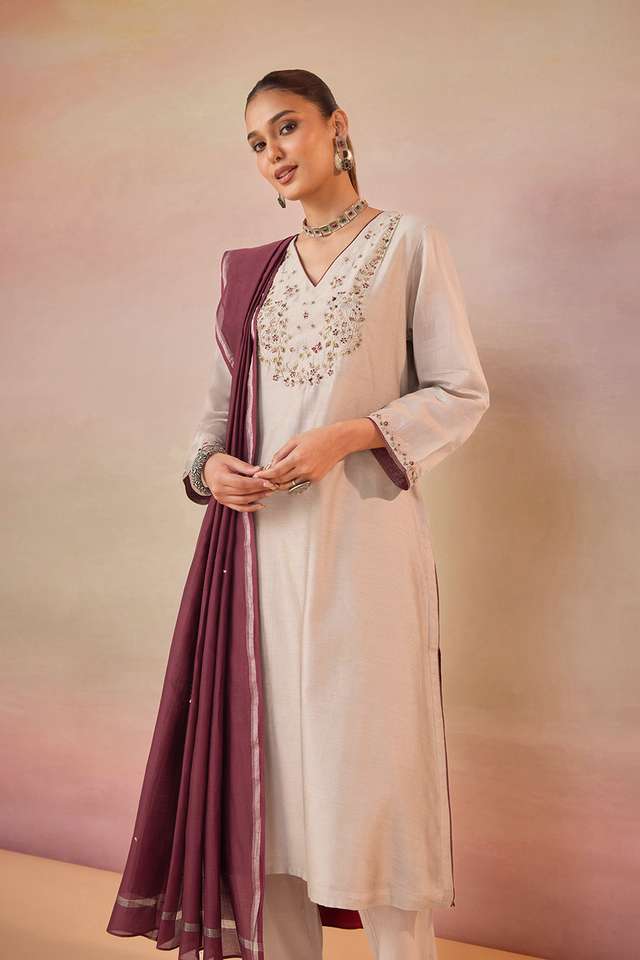 Grey Pure Silk Cotton Embroidered Kurta Set thumbnail image number null