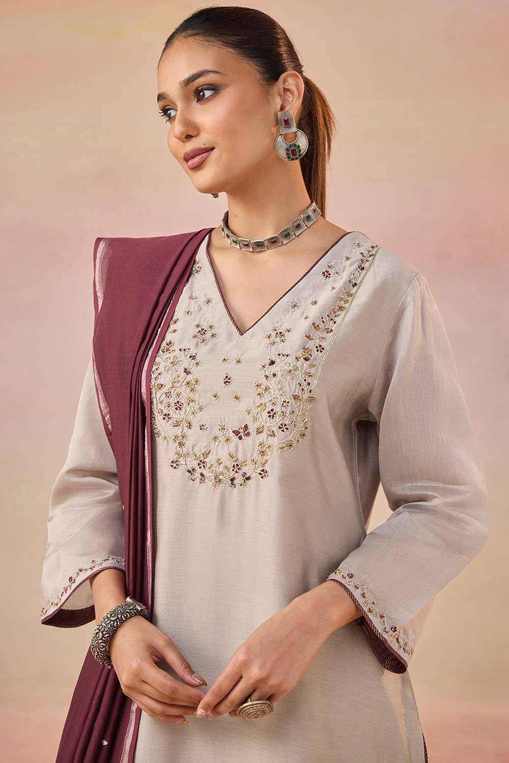 Grey Pure Silk Cotton Embroidered Kurta Set image number null