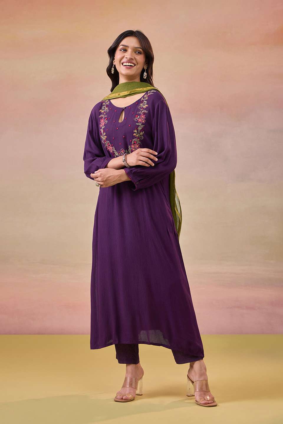 Violet Embroidered Pure Rayon Kurta Set