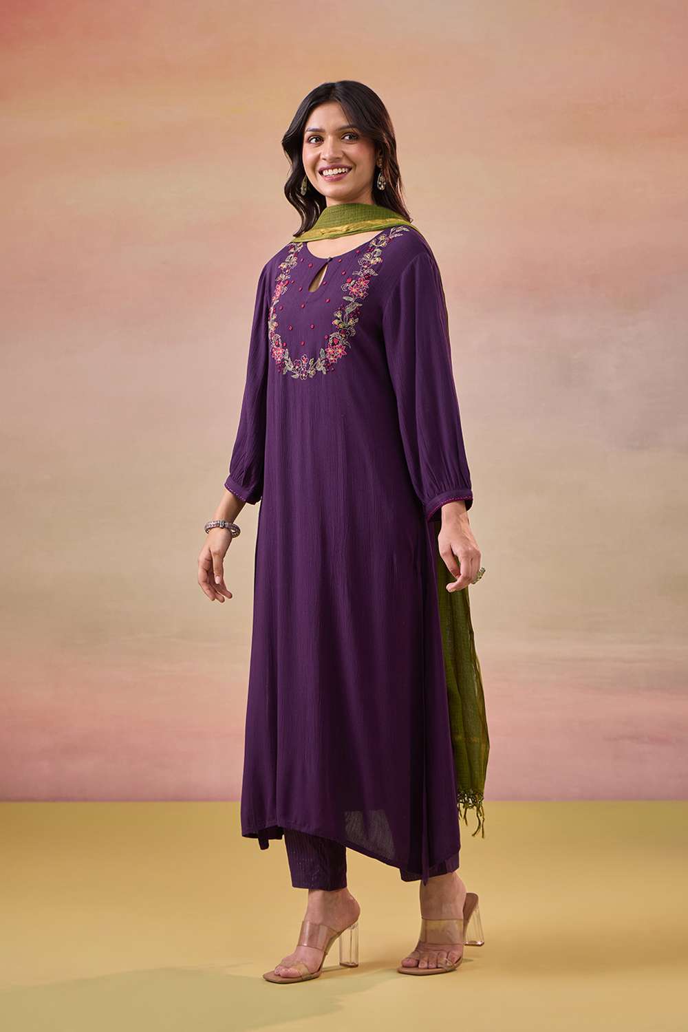 Violet Embroidered Pure Rayon Kurta Set image number null