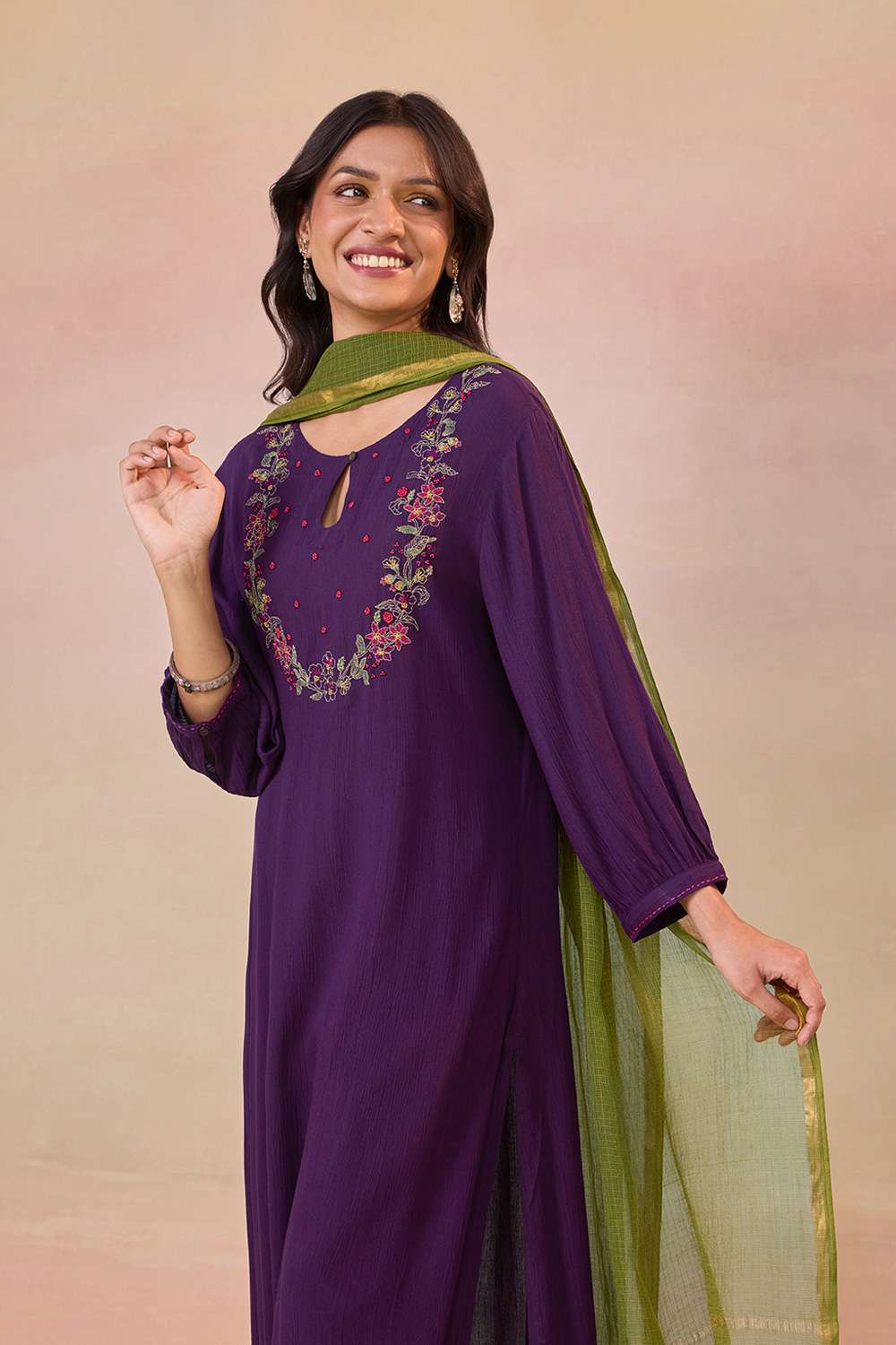 Violet Embroidered Pure Rayon Kurta Set image number null