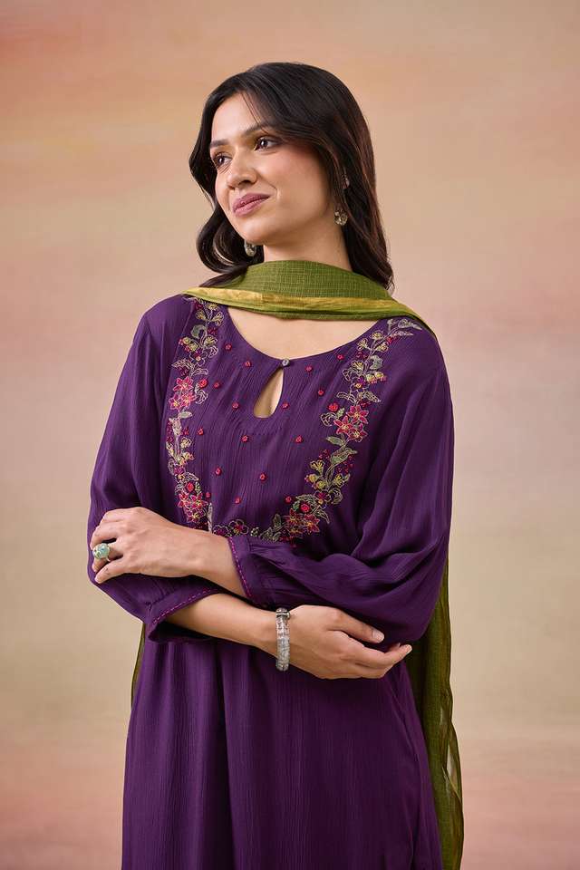 Violet Embroidered Pure Rayon Kurta Set thumbnail image number null