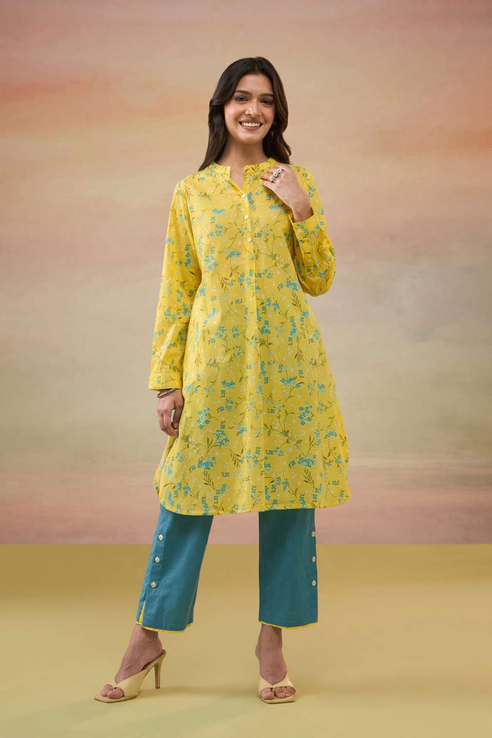 Yellow Pure Cotton Screen Printed  Kurta Set