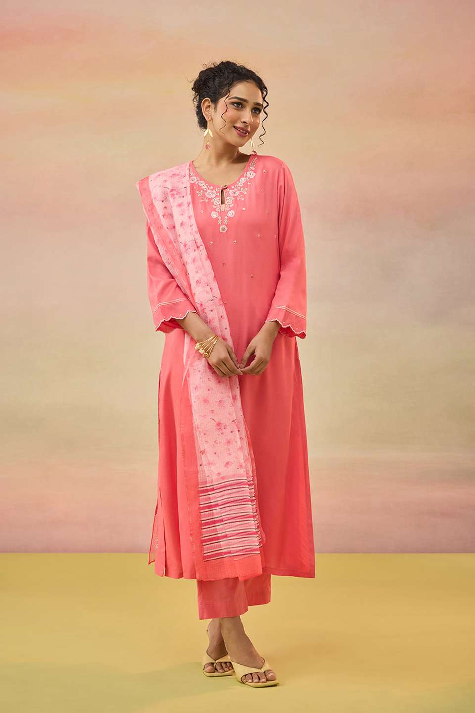 Pink Pure Rayon Embroidered Kurta Set