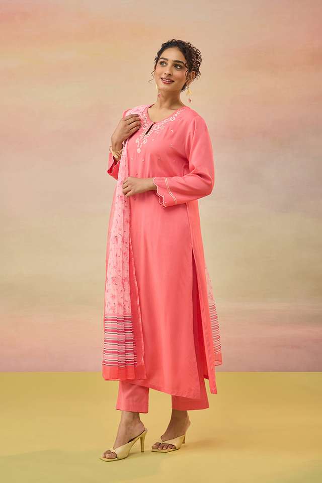 Pink Pure Rayon Embroidered Kurta Set thumbnail image number null