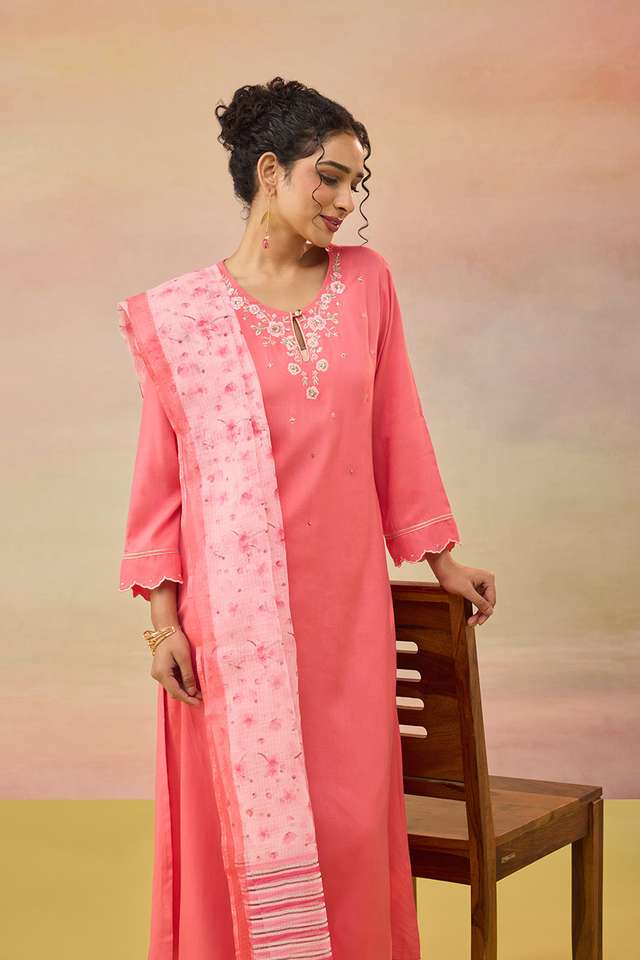 Pink Pure Rayon Embroidered Kurta Set thumbnail image number null