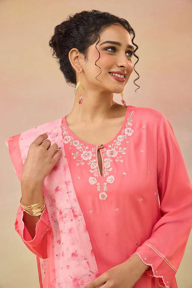 Pink Pure Rayon Embroidered Kurta Set thumbnail image number null