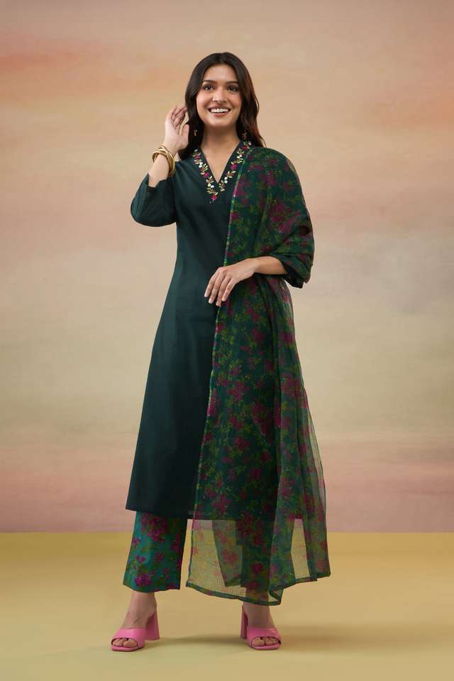 Blue Pure Cotton Embroidered Kurta Set image number