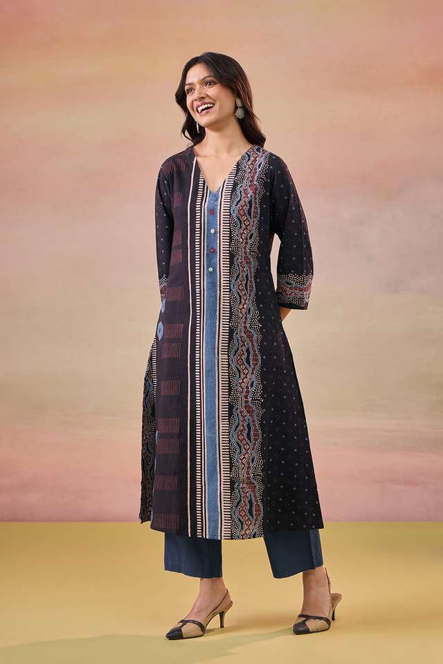 Black Pure Cotton Ajrakh Kurta Set thumbnail image number null