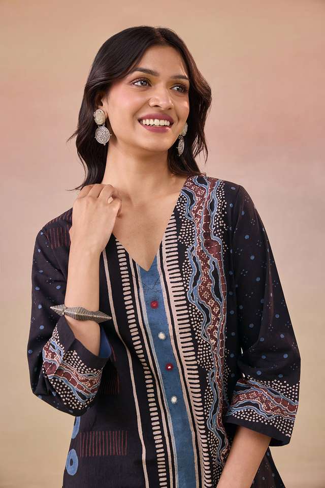 Black Pure Cotton Ajrakh Kurta Set thumbnail image number null
