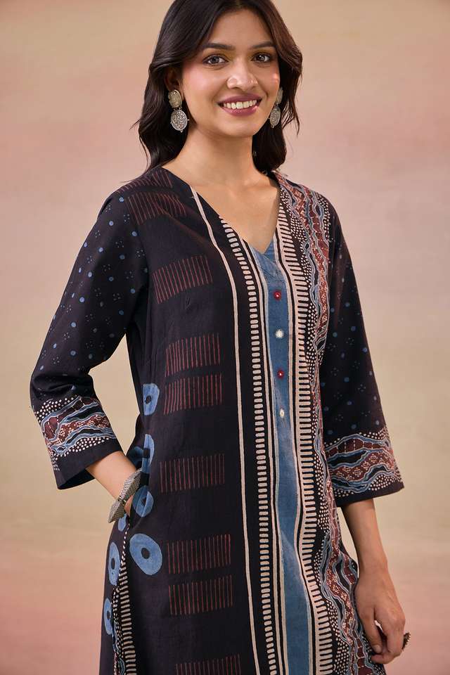 Black Pure Cotton Ajrakh Kurta Set thumbnail image number null
