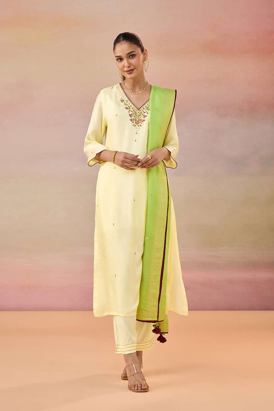 Yellow Pure Viscose Embroidered Kurta Set
