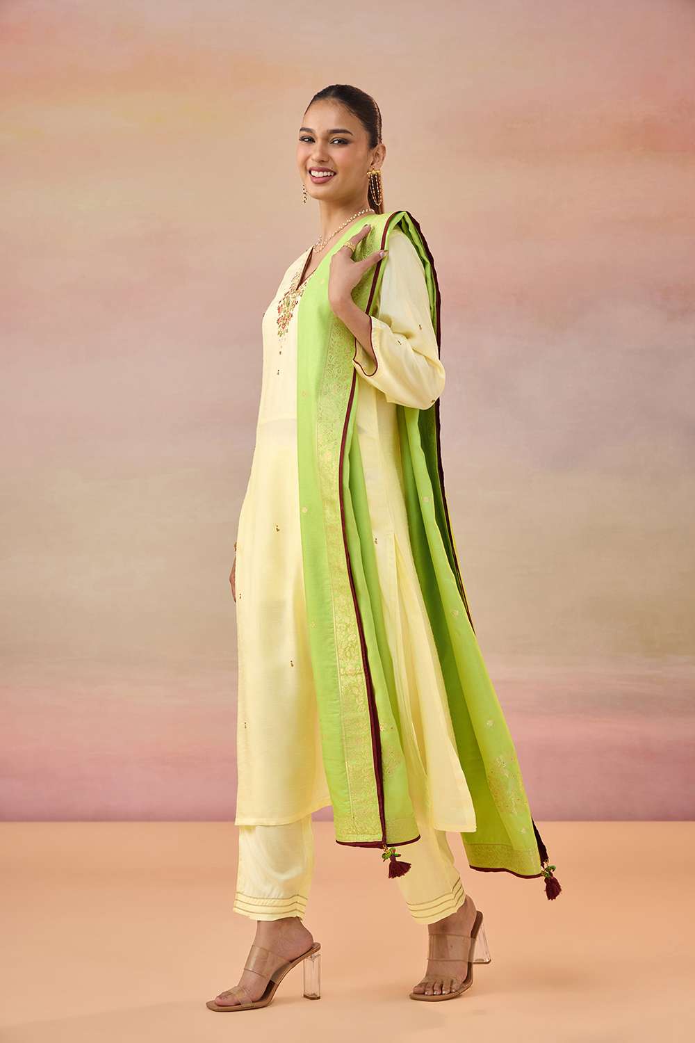 Yellow Pure Viscose Embroidered Kurta Set image number null