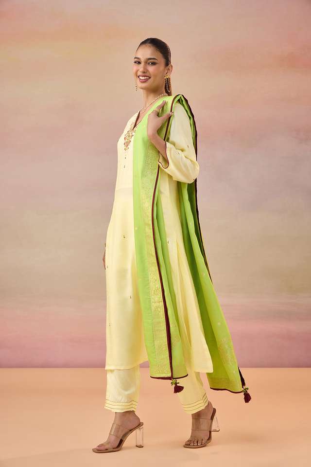 Yellow Pure Viscose Embroidered Kurta Set thumbnail image number null