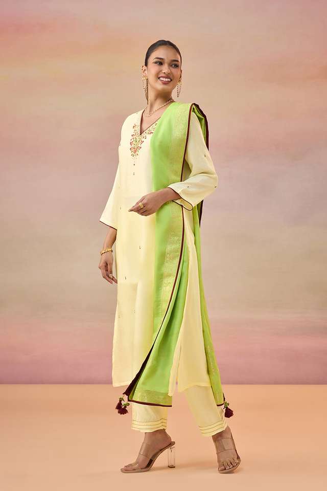 Yellow Pure Viscose Embroidered Kurta Set thumbnail image number null