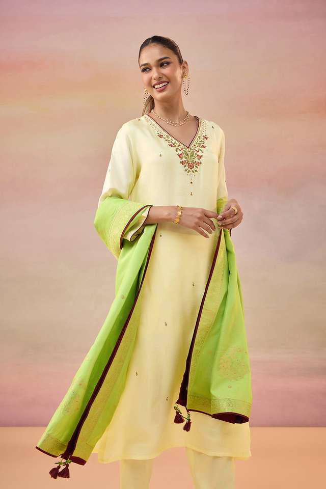 Yellow Pure Viscose Embroidered Kurta Set thumbnail image number null