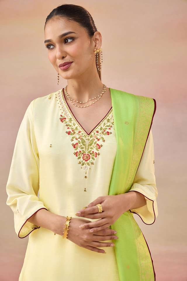 Yellow Pure Viscose Embroidered Kurta Set thumbnail image number null