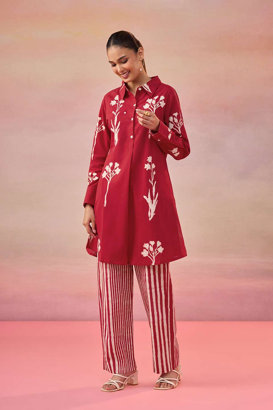 Red Dabu Block Printed Pure Cotton Kurta Set
