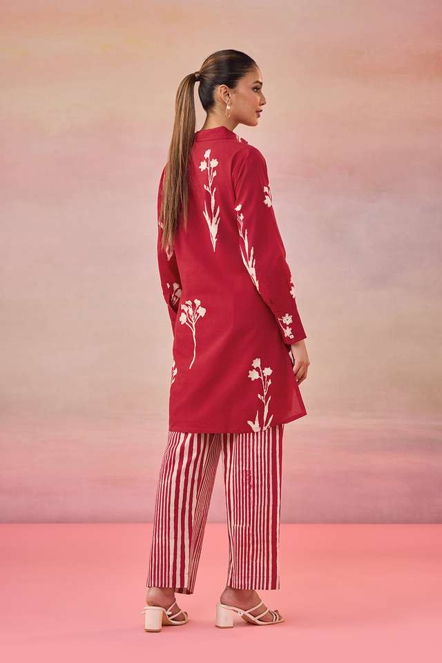 Red Dabu Block Printed Pure Cotton Kurta Set thumbnail image number null