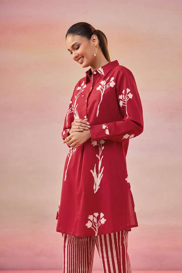 Red Dabu Block Printed Pure Cotton Kurta Set thumbnail image number null