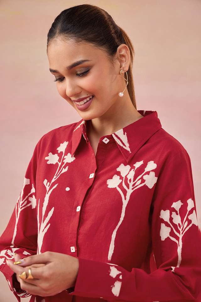 Red Dabu Block Printed Pure Cotton Kurta Set thumbnail image number null