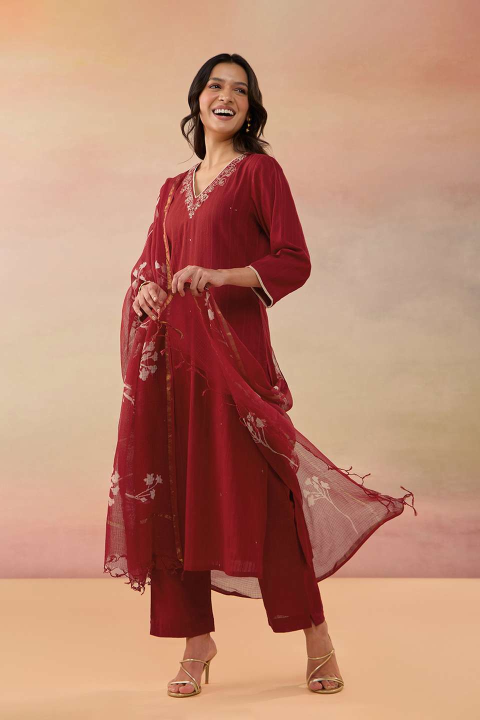 Red Pure Cotton Embroidered Kurta Set