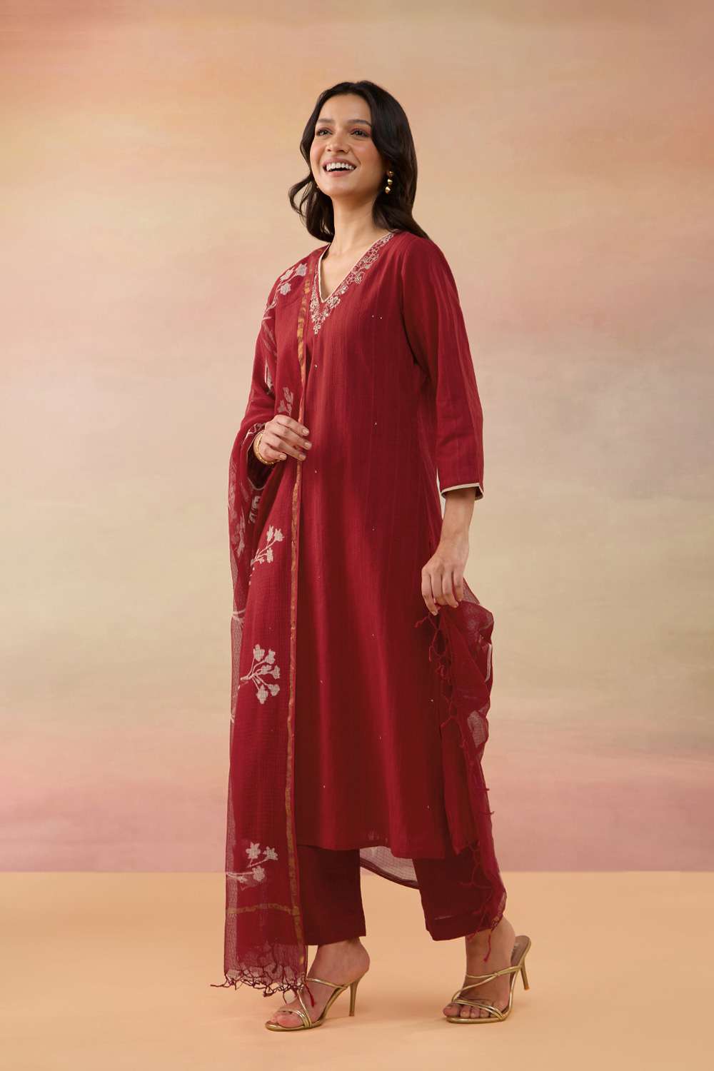 Red Pure Cotton Embroidered Kurta Set image number null