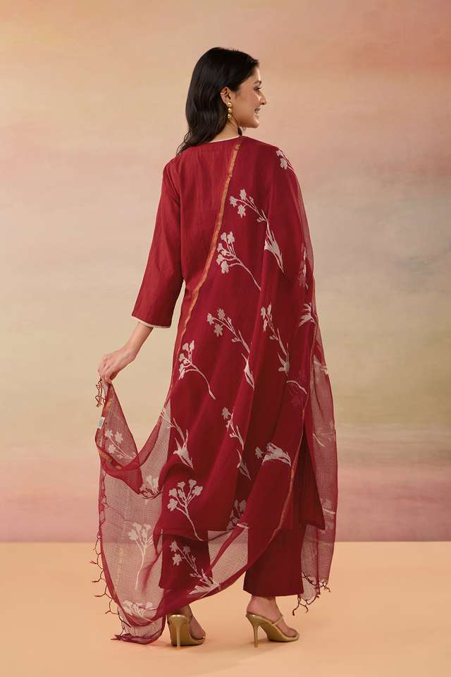 Red Pure Cotton Embroidered Kurta Set thumbnail image number null