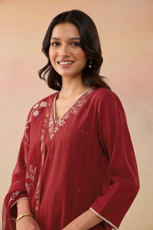 Red Pure Cotton Embroidered Kurta Set thumbnail image number null