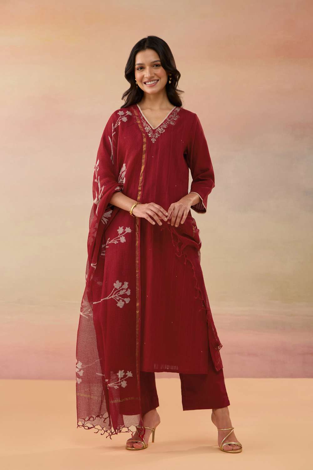 Red Pure Cotton Embroidered Kurta Set image number null