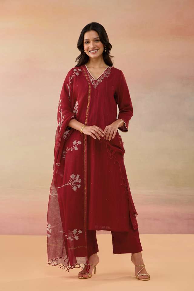 Red Pure Cotton Embroidered Kurta Set thumbnail image number null