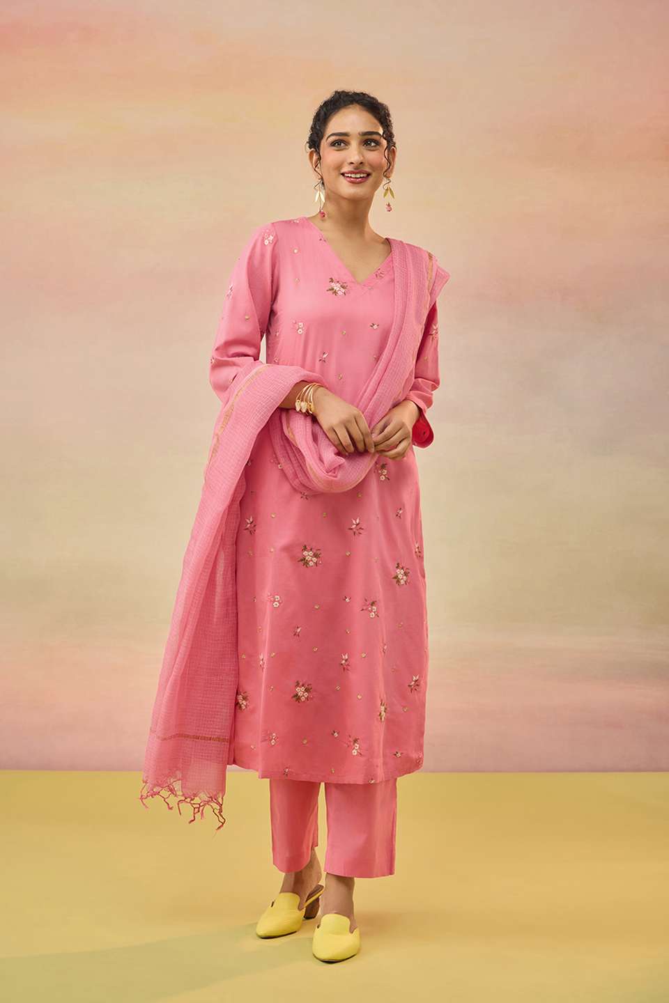 Pink Pure Cotton Embroidered Kurta Set