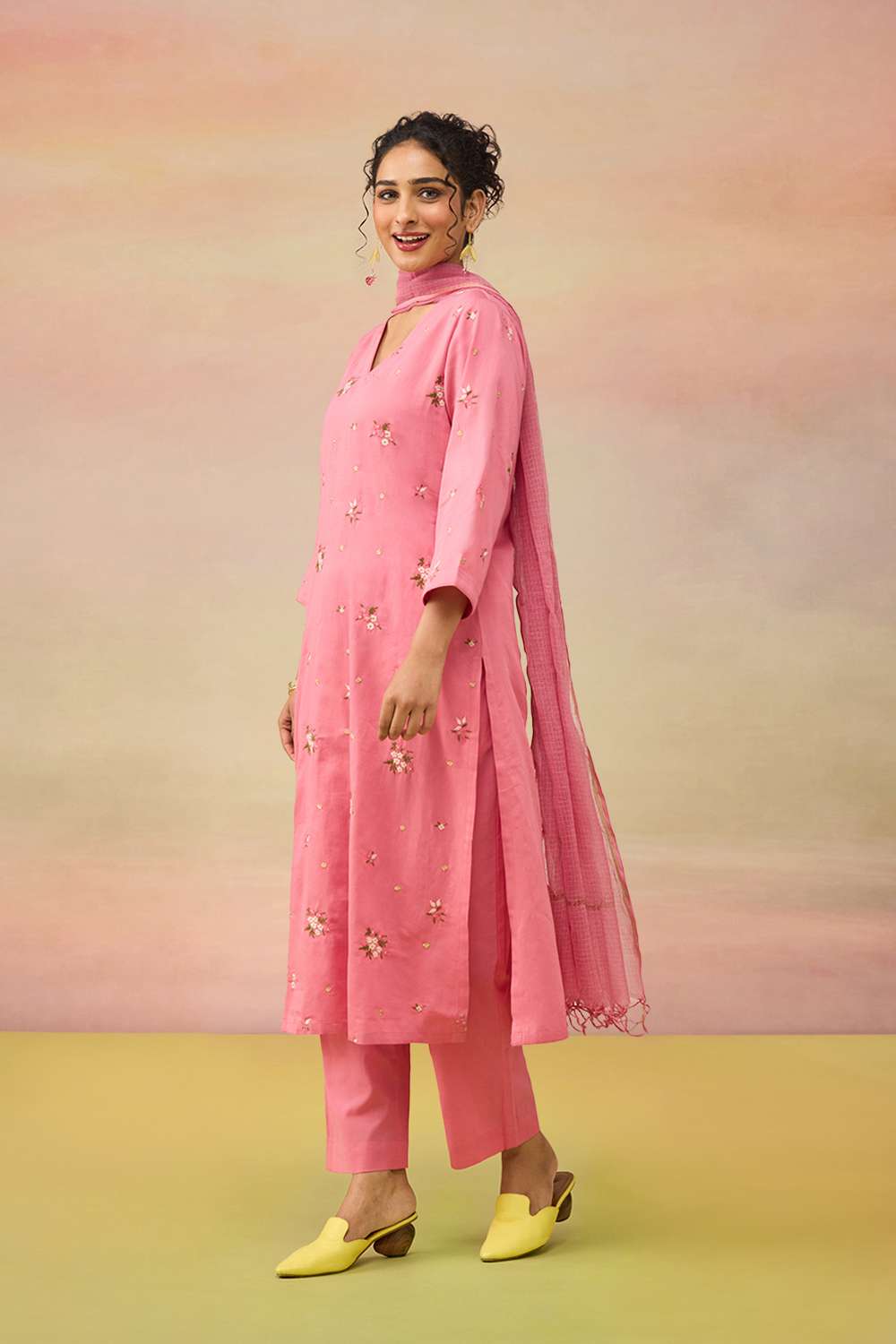 Pink Pure Cotton Embroidered Kurta Set image number null