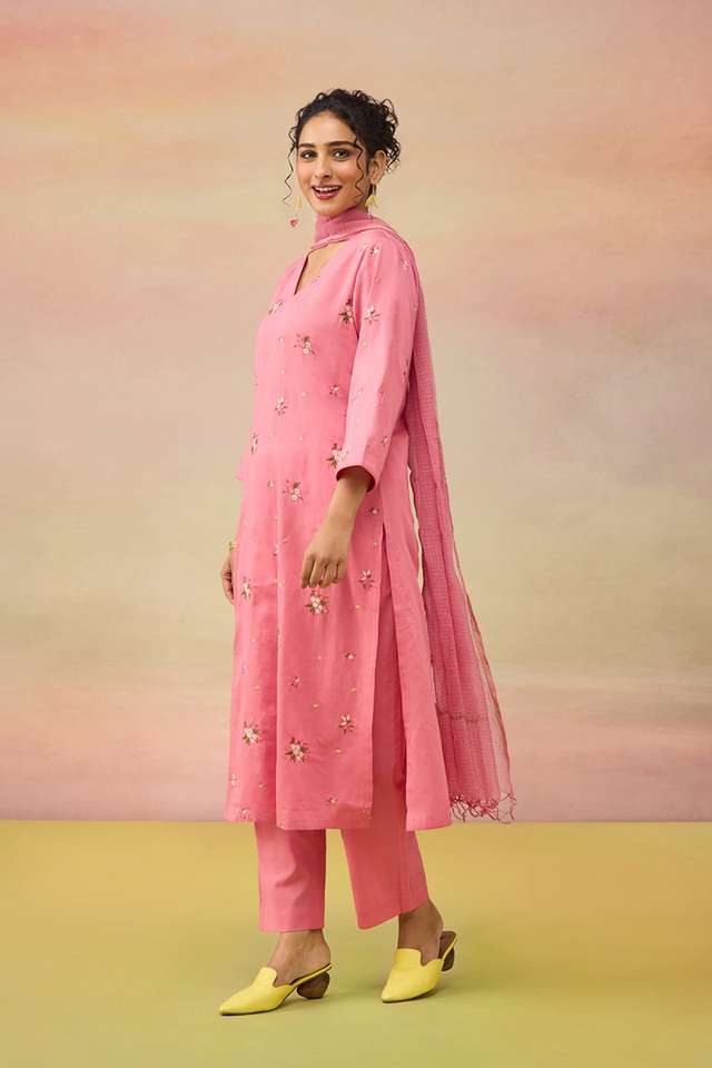 Pink Pure Cotton Embroidered Kurta Set thumbnail image number null