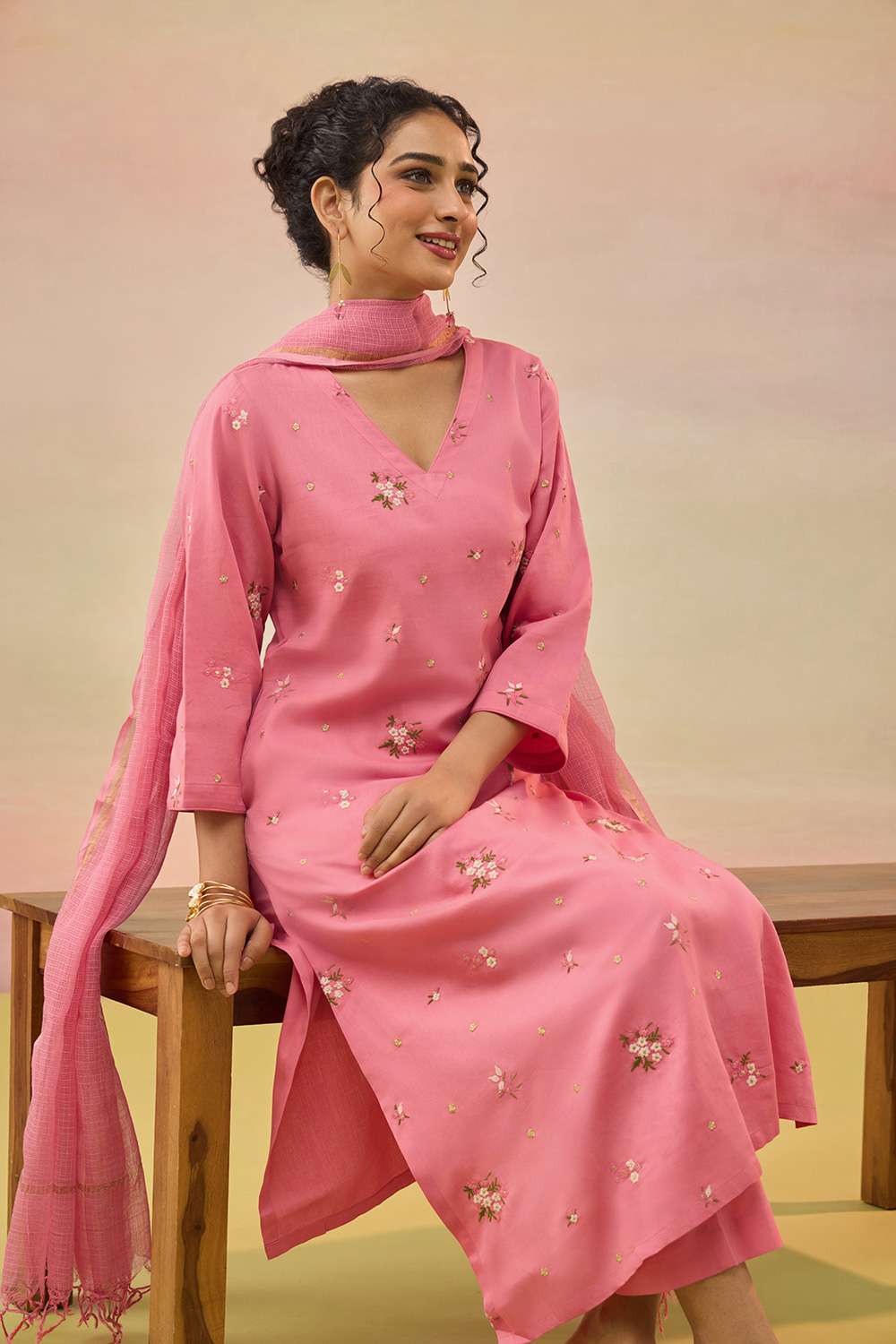 Pink Pure Cotton Embroidered Kurta Set image number null