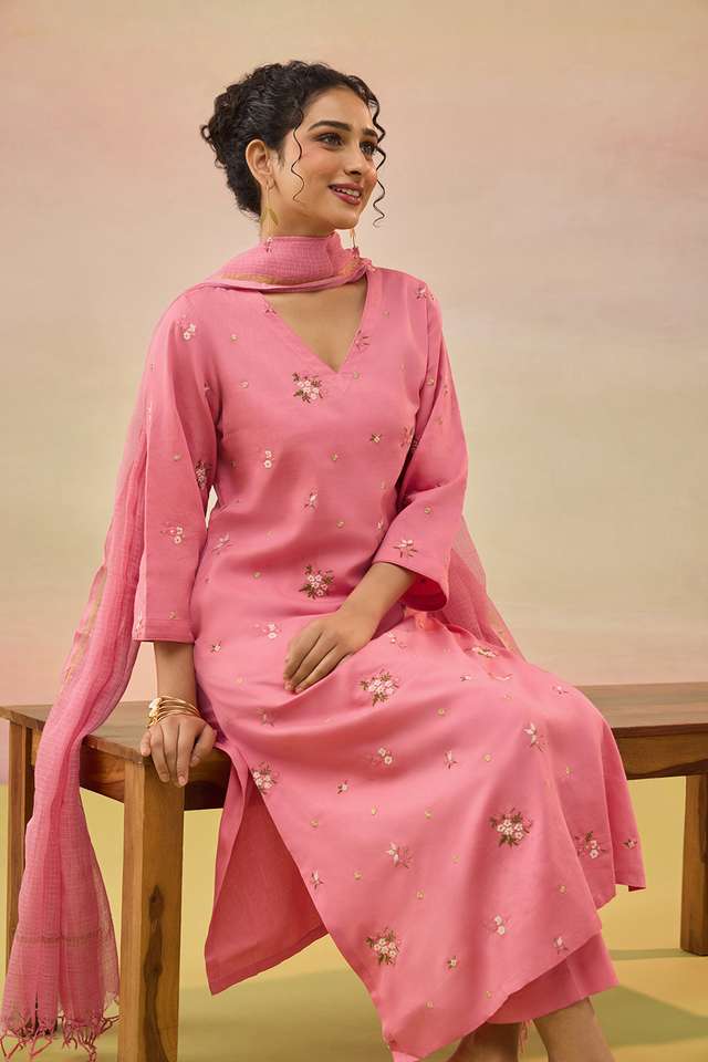 Pink Pure Cotton Embroidered Kurta Set thumbnail image number null
