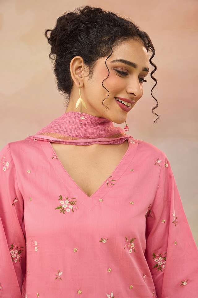 Pink Pure Cotton Embroidered Kurta Set thumbnail image number null