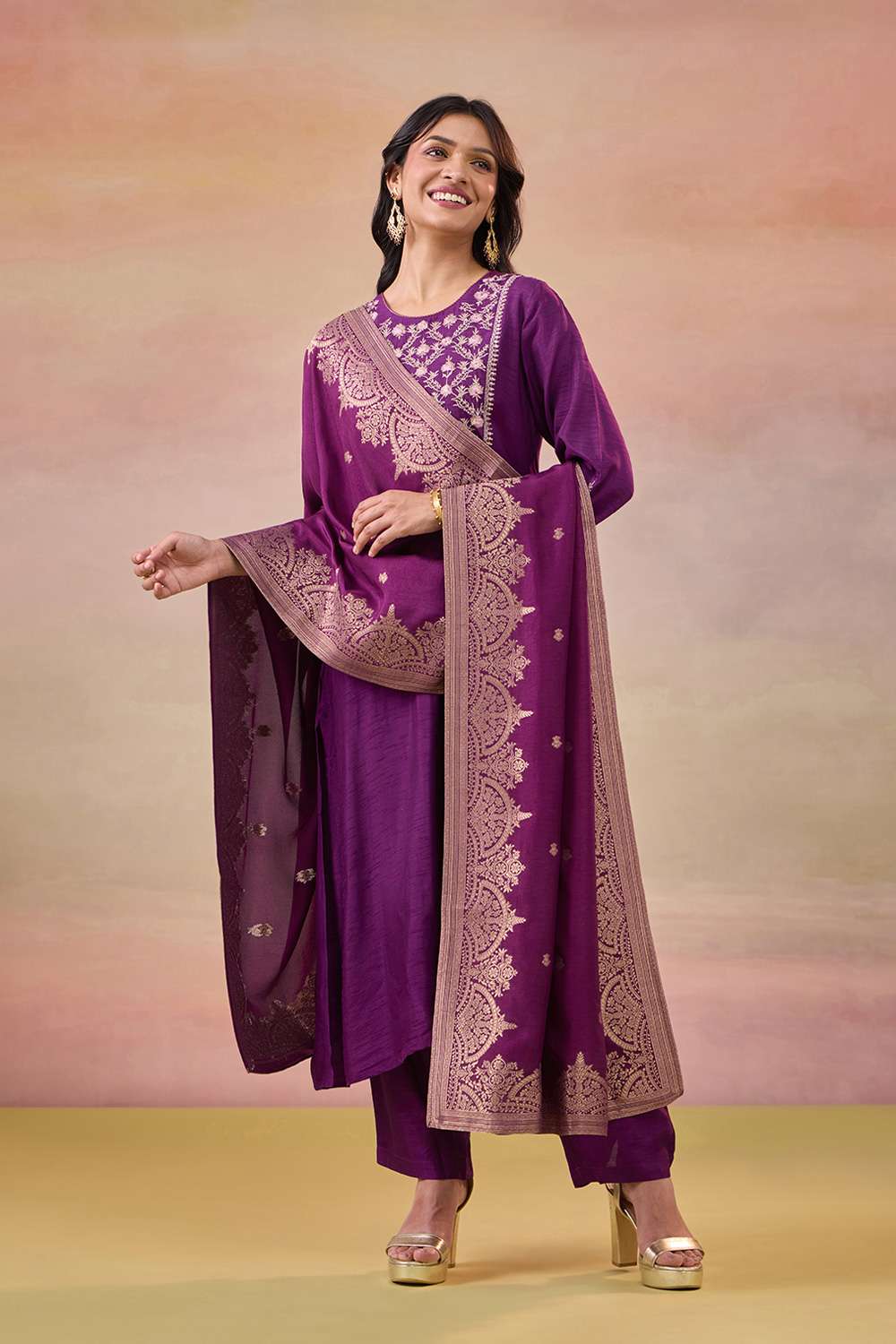 Dark Violet Pure Viscose Embroidered Kurta Set image number null