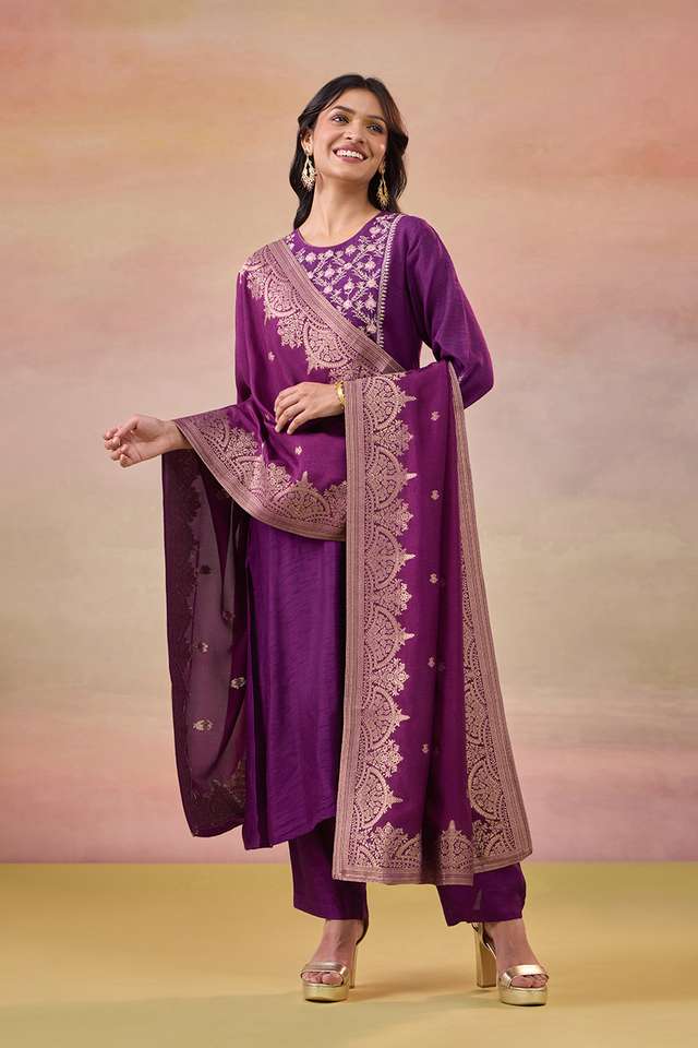 Dark Violet Pure Viscose Embroidered Kurta Set thumbnail image number null