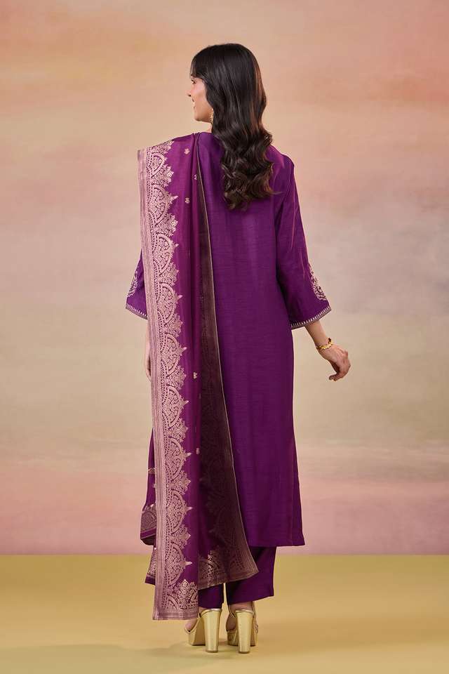 Dark Violet Pure Viscose Embroidered Kurta Set thumbnail image number null