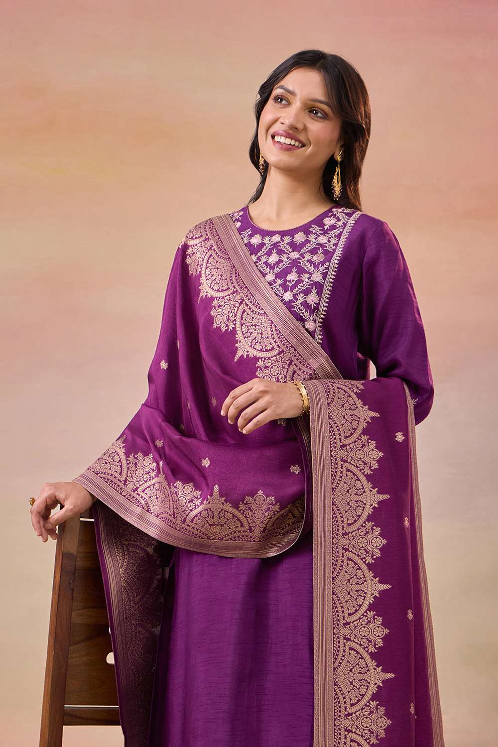 Dark Violet Pure Viscose Embroidered Kurta Set image number null