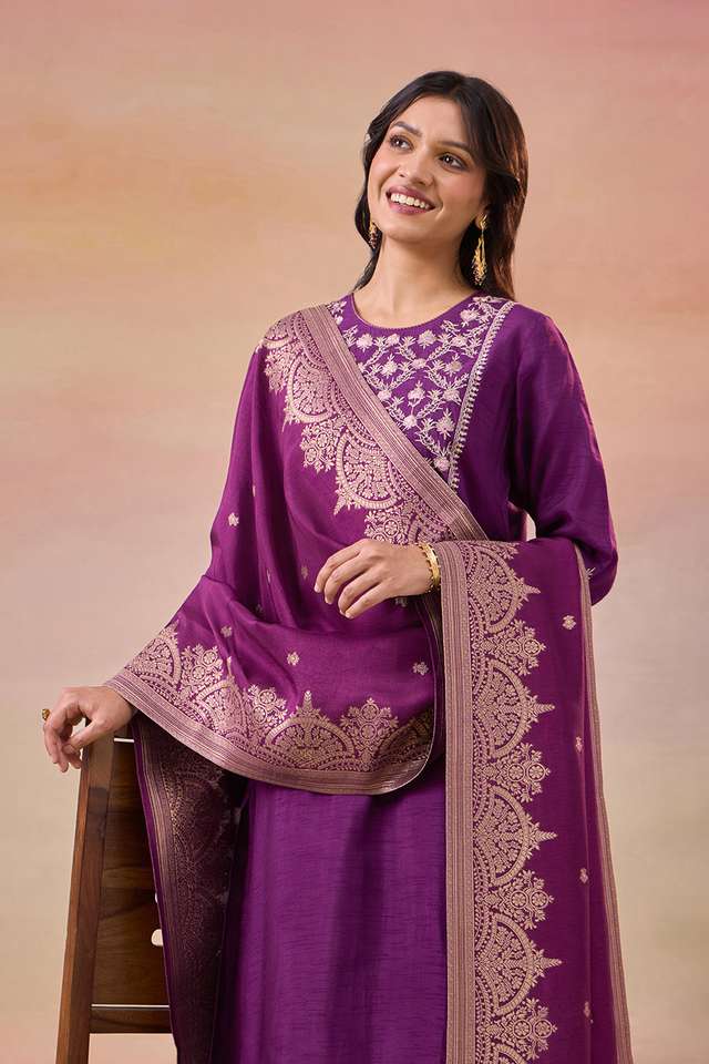 Dark Violet Pure Viscose Embroidered Kurta Set thumbnail image number null