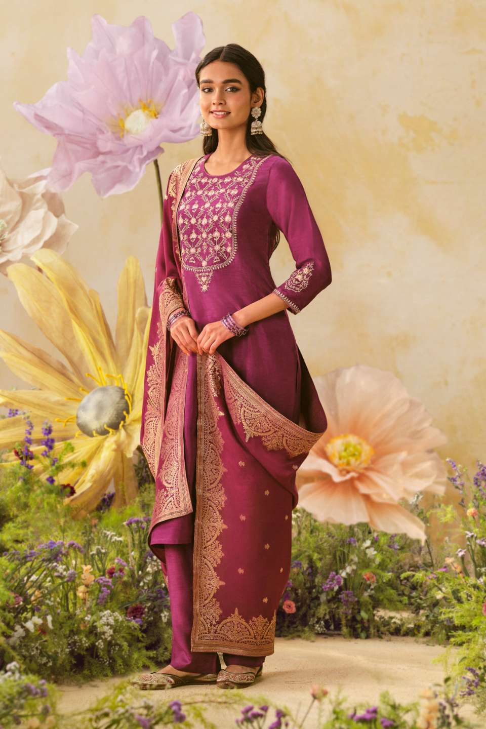 Dark Violet Pure Viscose Embroidered Kurta Set