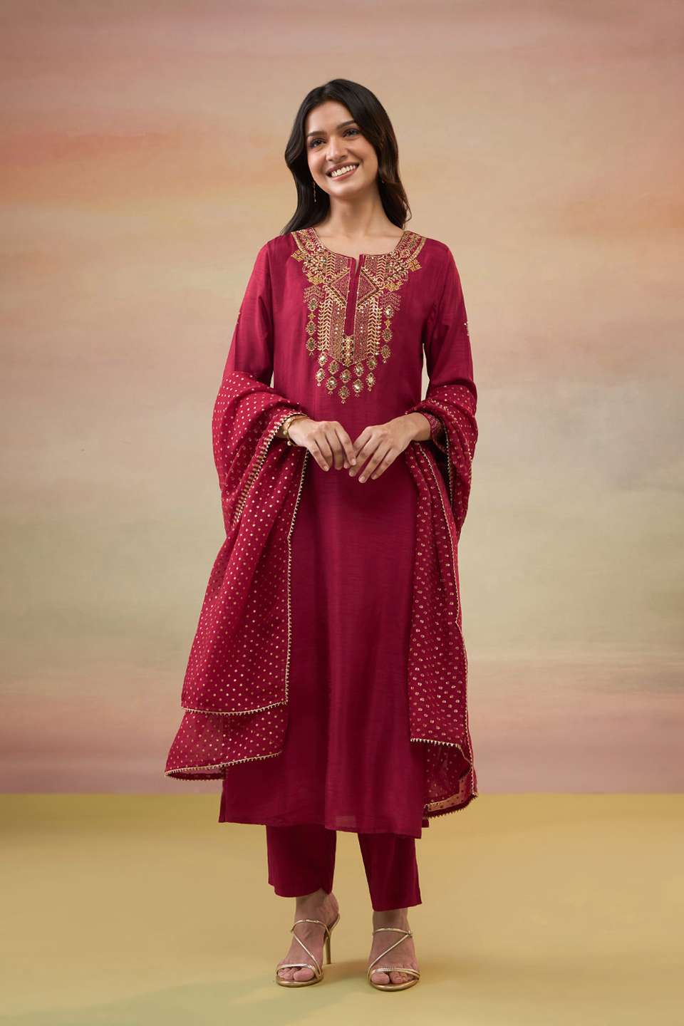 Red Pure Viscose Embroidered Kurta Set