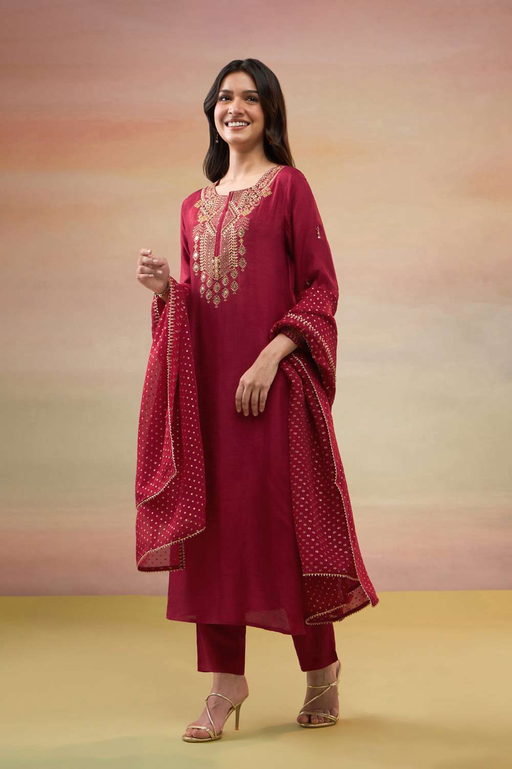 Red Pure Viscose Embroidered Kurta Set image number null