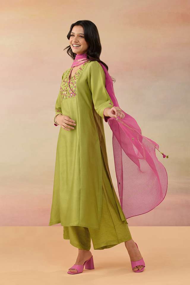 Green Pure Silk Cotton Shisha Kurta Set thumbnail image number null