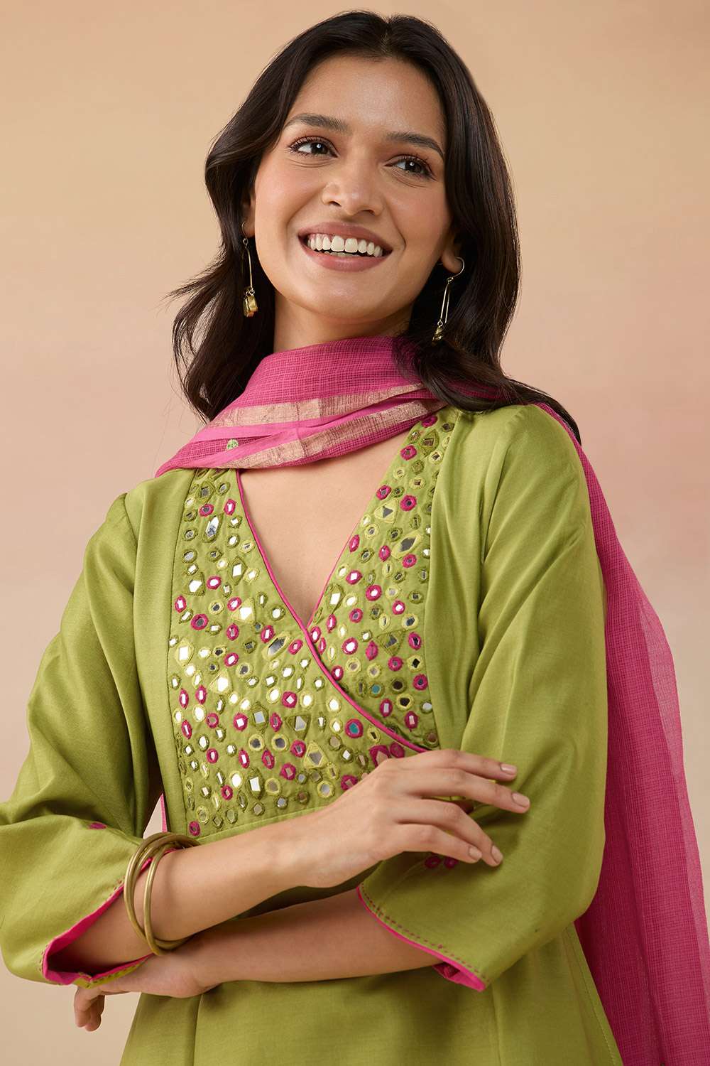 Green Pure Silk Cotton Shisha Kurta Set image number null