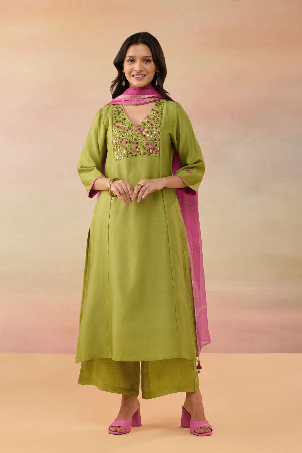 Green Pure Silk Cotton Shisha Kurta Set image number null