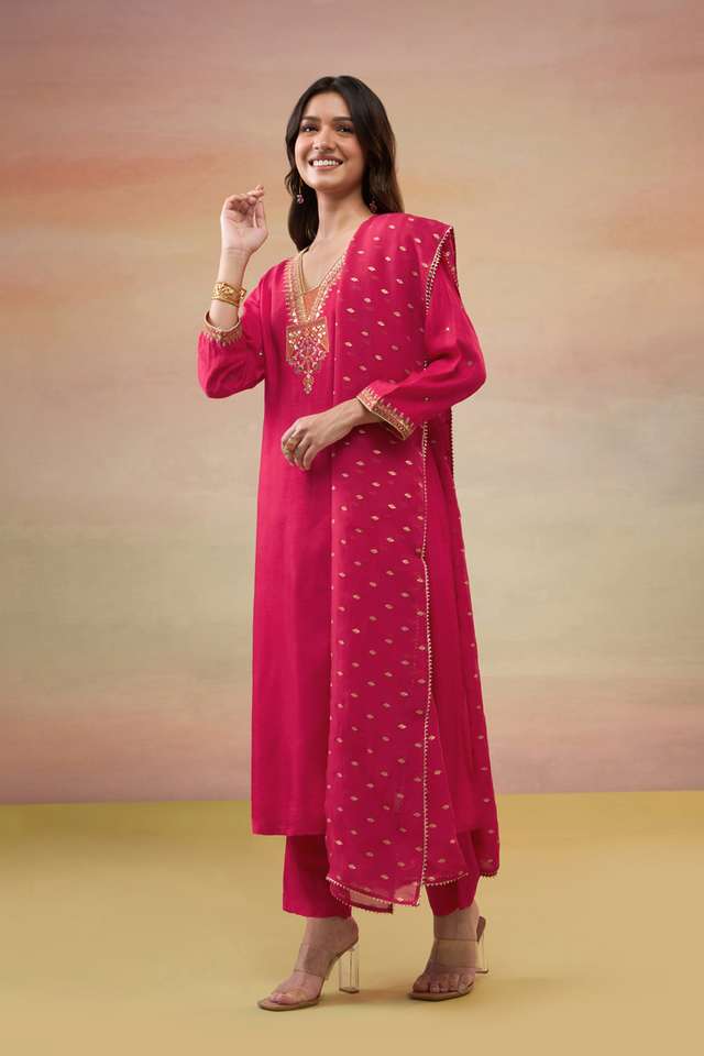 Pink Pure Viscose Embroidered Kurta Set thumbnail image number null